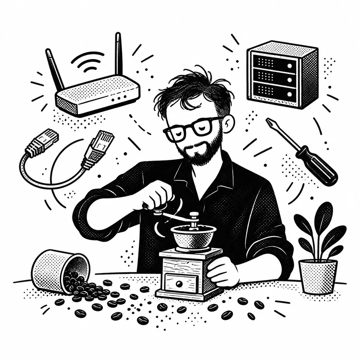 Yef moliendo café a mano, rodeado de un router, cables de red y un servidor.