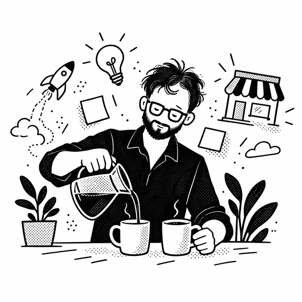 Yef sirviendo café en dos tazas, con un cohete, un bombillo y notas adhesivas alrededor.