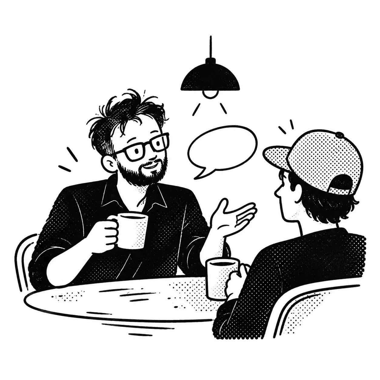Yef conversando con otra persona en una mesa de café, cada uno con su taza.