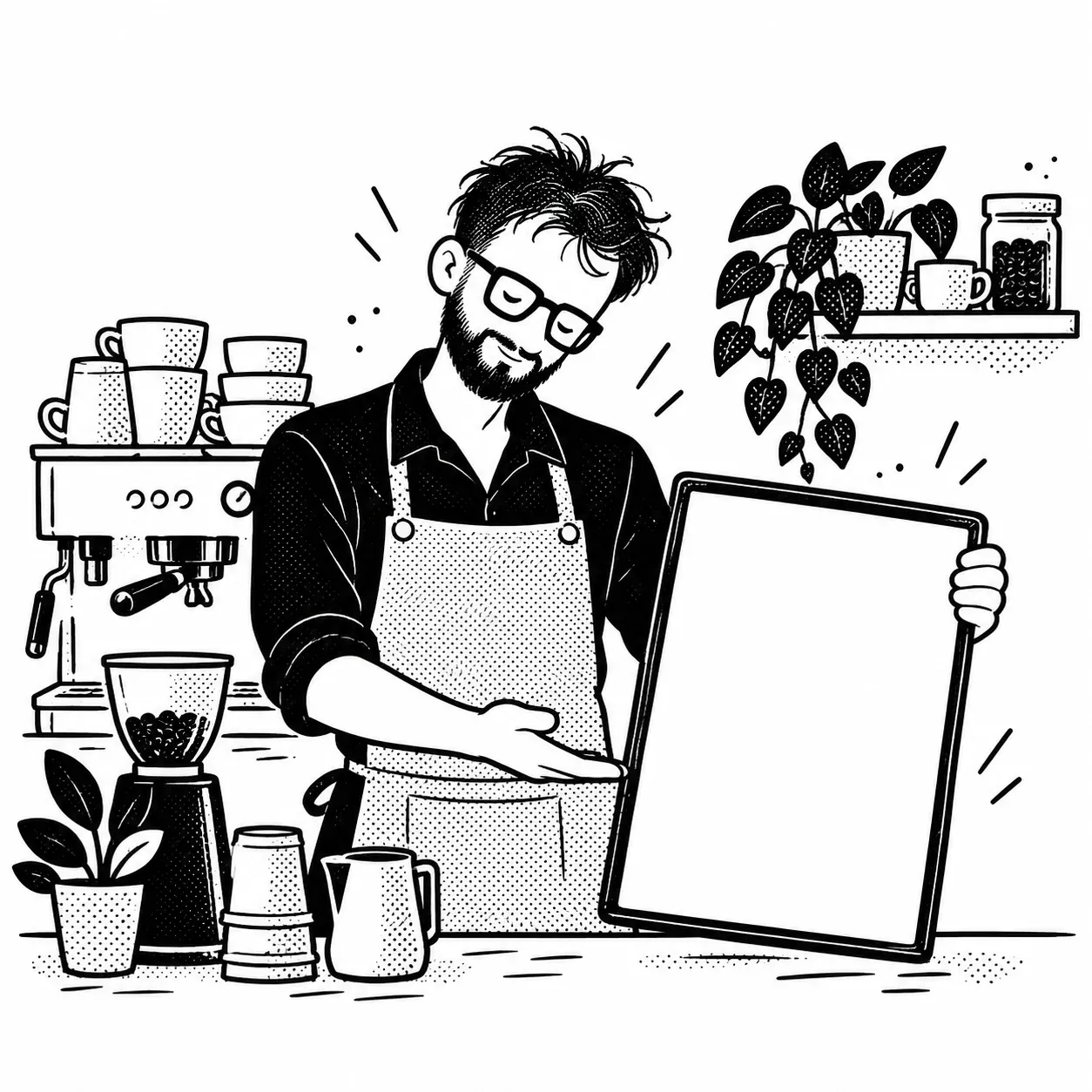 Yef de barista detrás de la barra, con delantal, mostrando una carta en blanco.