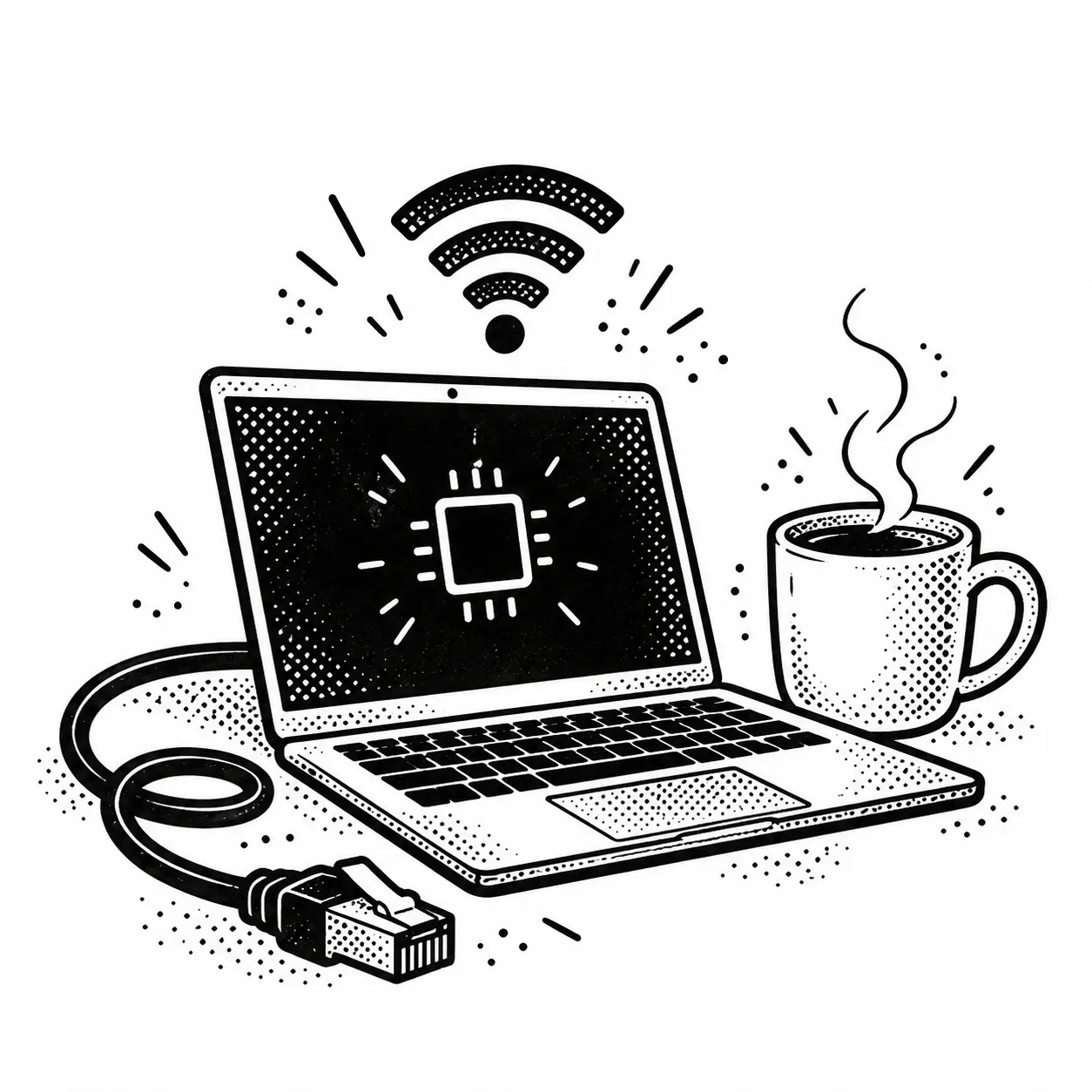Un laptop abierto con un chip y una señal wifi encima, junto a un cable de red y una taza.