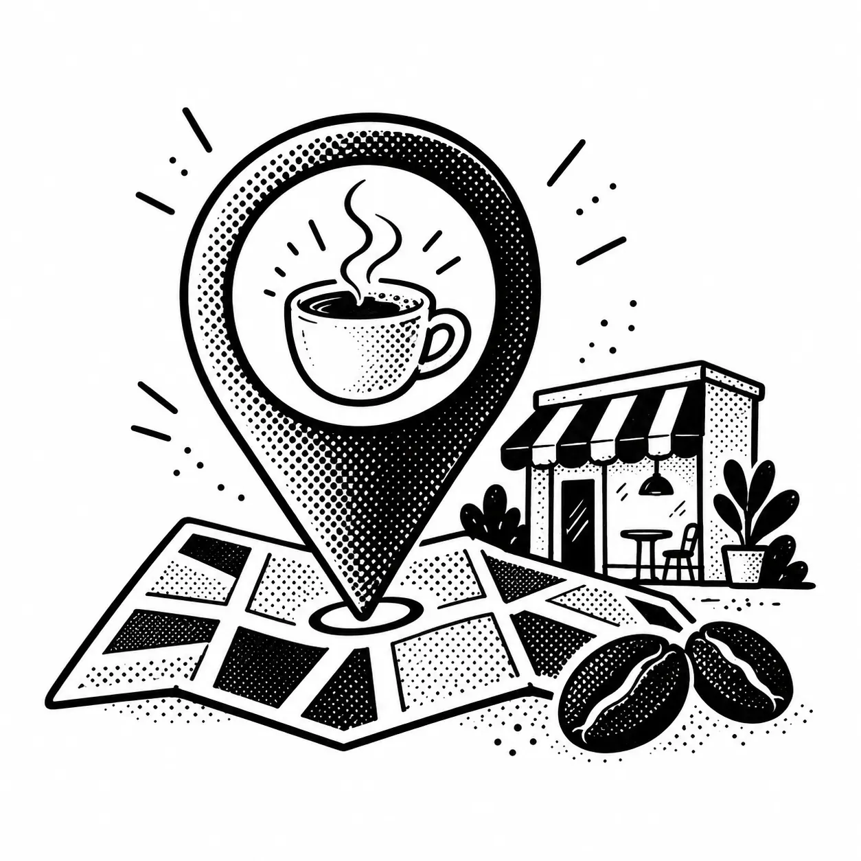 Un pin de mapa con una taza de café sobre un mapa de ciudad con una cafetería.