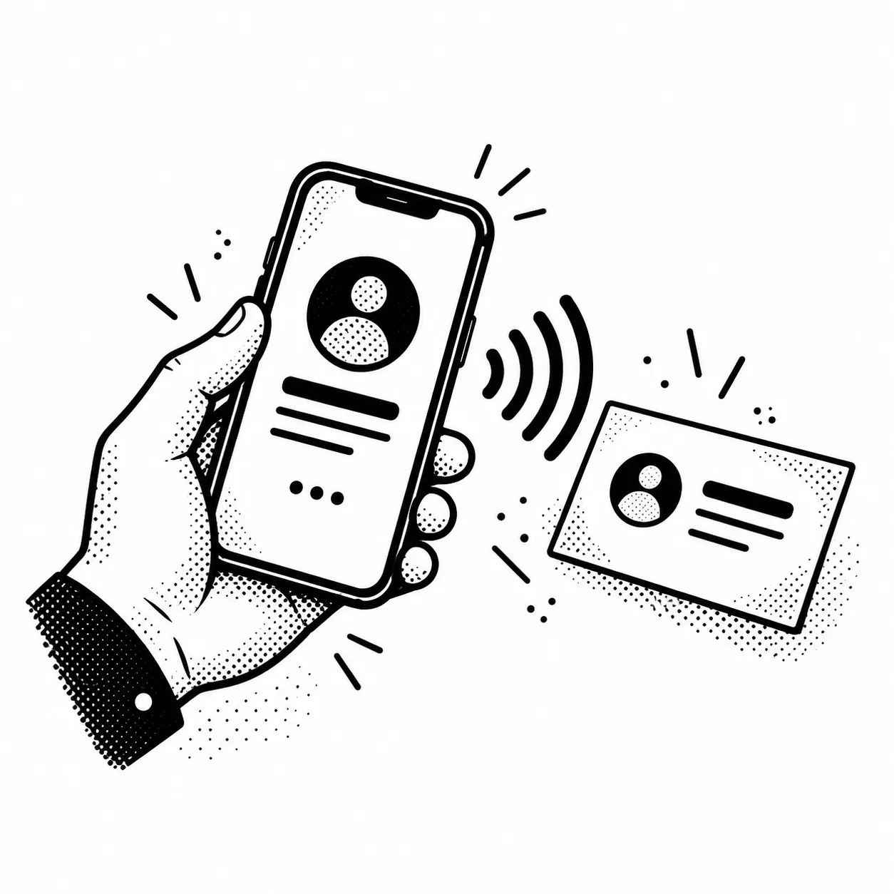 Una mano sostiene un celular con una tarjeta de contacto digital junto a una tarjeta de papel.