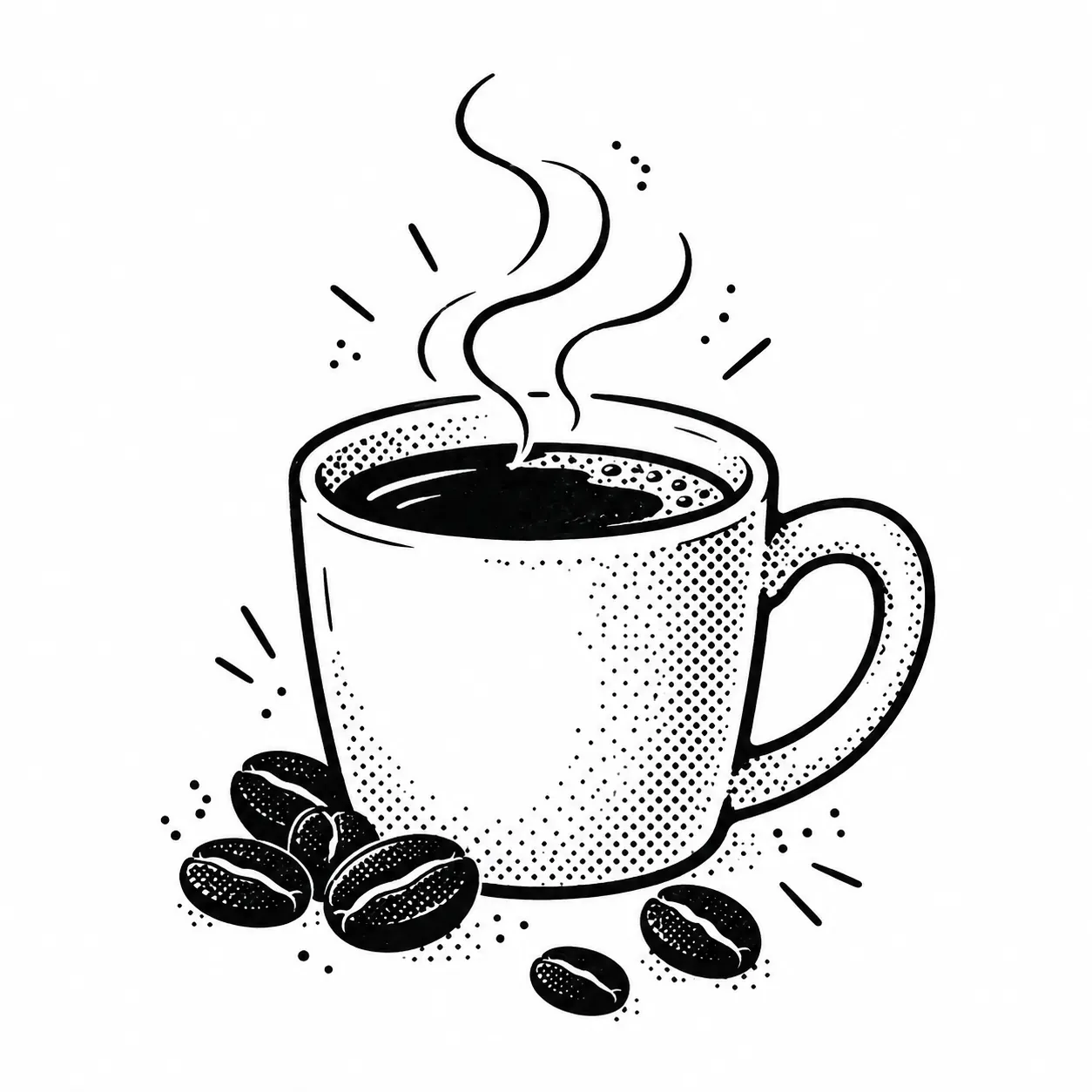Una taza de café humeante con algunos granos al lado.